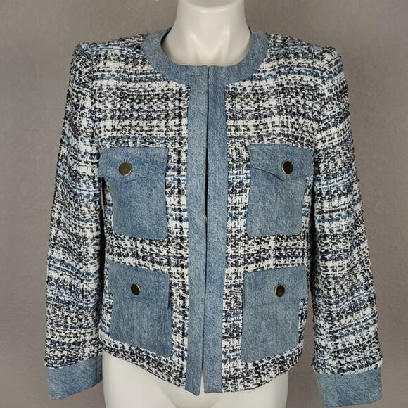 Alice + Olivia Avis Blue Tweed Denim Jean Combo Patch jacket Size Medium - Picture 3 of 16